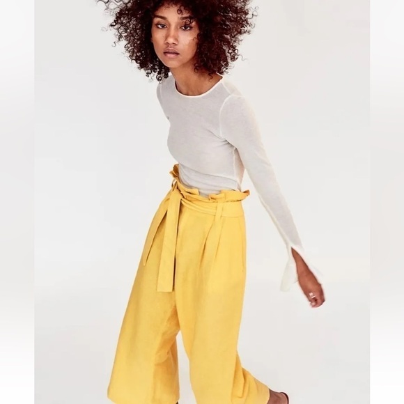 Zara Yellow Linen Wide Leg Paper Bag Cropped Palazzo Pants sz XS - Picture 8 of 16